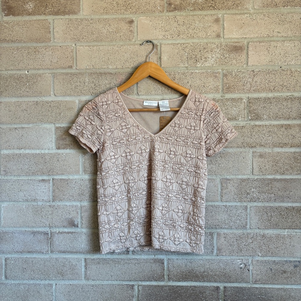 worthington cream floral embroidered short sleeve shirt